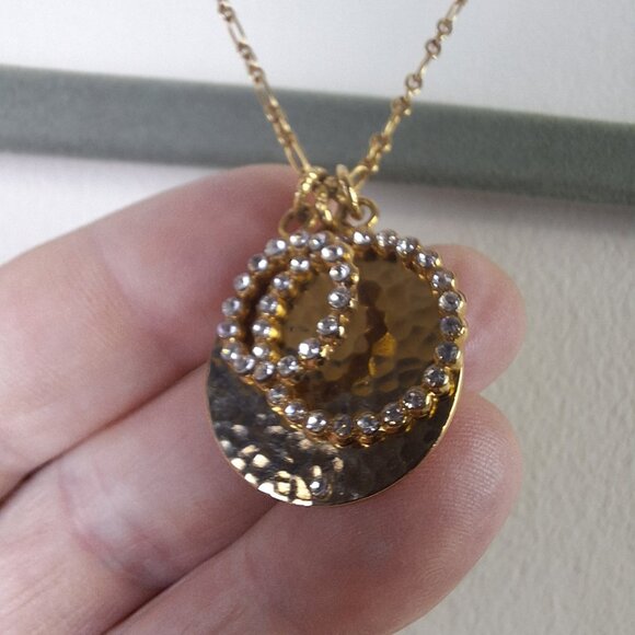 Gold Tone Pendant Necklace Hammered Disc Rhinestone Circles 16"+2" Ext. - Picture 3 of 7